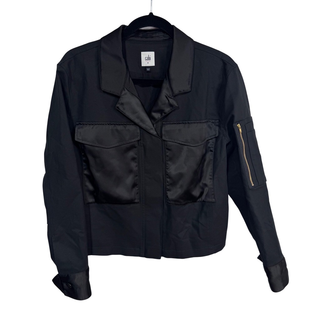 Cabi Medium Black‎ Bomber Jacket Women's Satin Trim Utility Cargo